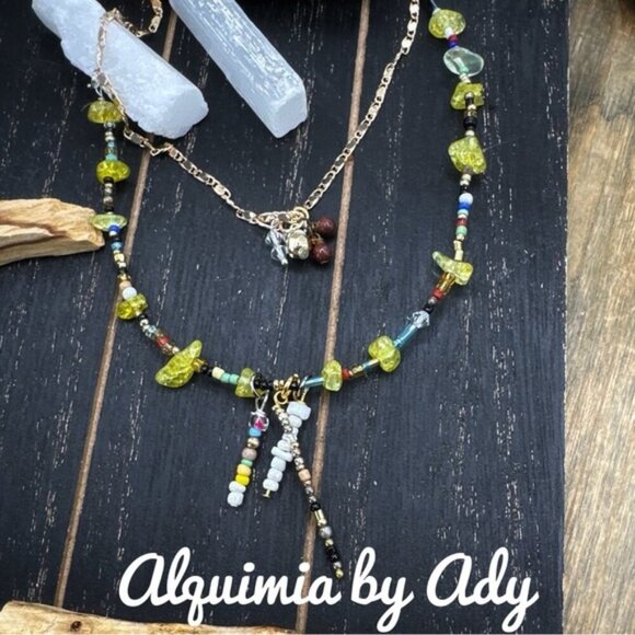 Layered colorful charms necklace with peridot - Picture 2 of 4